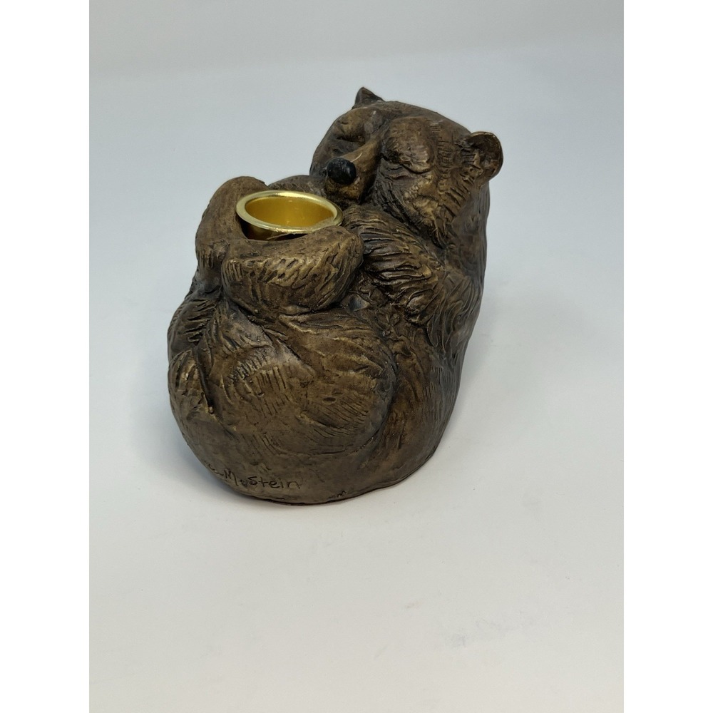 Vintage 1994 Stone Bunny Sleeping Bear Votive Candle Holder Figurine Tella Stein